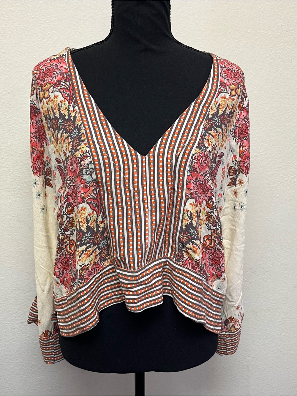 Free People Floral Cream and Brown Boho Long Sleeve Top - Picture 5 of 14